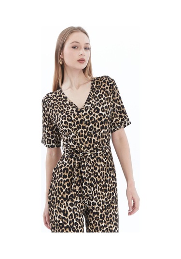 Kadın Krep Beli Kemerli Ve Fermuarlı Tulum-leopar Leopar