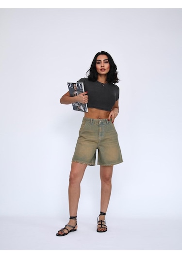 Tint Wash Denim Mini Şort Bej+Yeşiltint