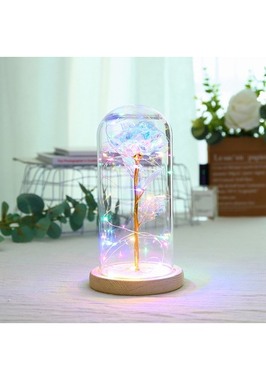 Geeroyoo Renkli Cam Kapaklı Altın Folyo Gül Dekoratif Led Gece Lambası - Plastik Çiçek + Ahşap Tabanlı, 20 Led Işıklı, Kaliteli Ve Dayanıklı Diğer