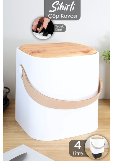 Ahşap Görünümlü Çöp Kovası - Akıllı Kapak Tutma Saplı Kovalı Tezgah Üstü Mutfak Çöp Kovası 4lt Beyaz