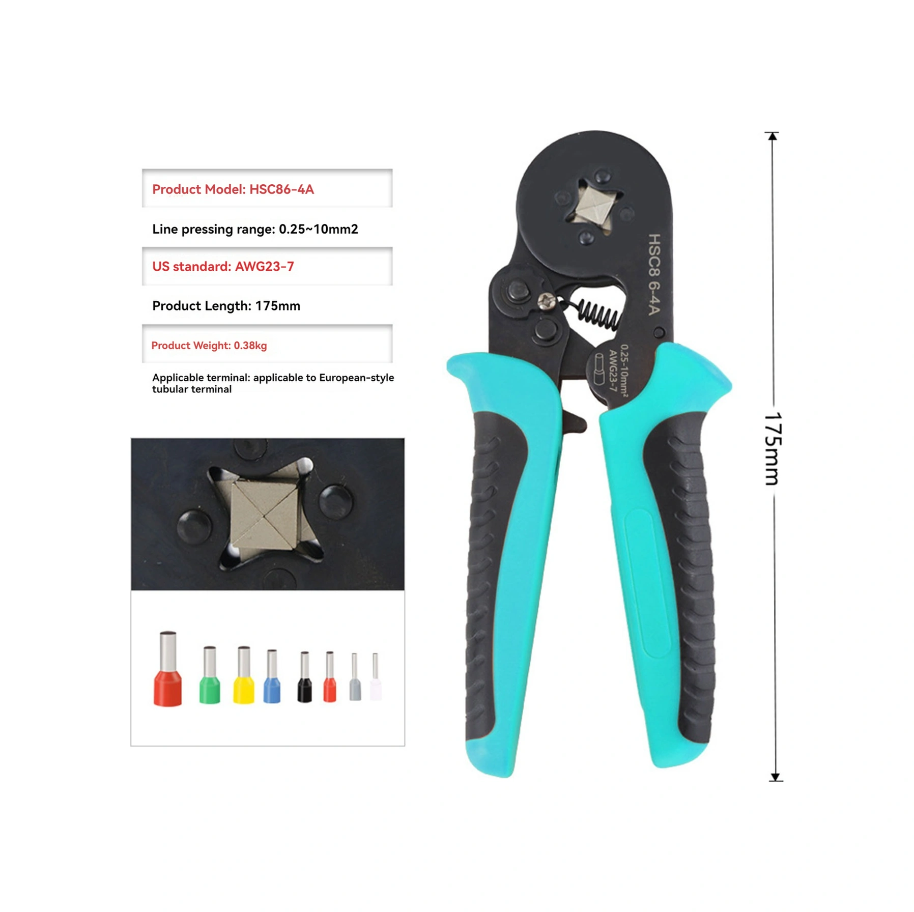 Padalink Hsc8 6-4a Dört Köşeli Boru Tipi Terminal Presi, 0.25-10m Soğuk Presleme Aracı, Portakal-siyah Kaymazsız Kollü El Aleti