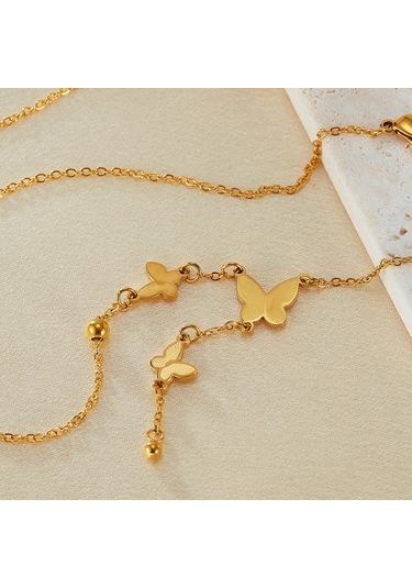 Sones Opk Gx2440 Kelebek Püskül Kolye Paslanmaz Çelik Zincir Altın