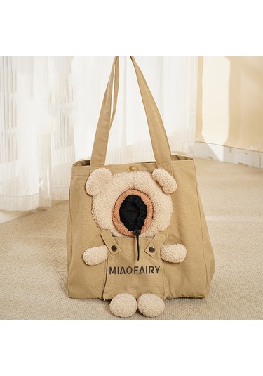 Taşınabilir Gezi Kedi Çantası Açık Omuz Kanvas Çanta Küçük Köpek Pet Çanta Ayı Haki