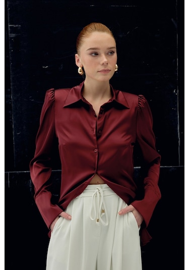 Sateen Vatkalı Saten Gömlek - Bordo-136728 Bordo