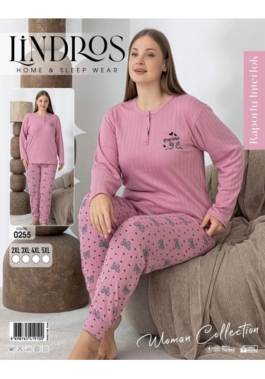 Lindros Kadın Pamuk'lu Düğme Yaka Raporlu İnterlok Kışlık Battal Pijama Takımı 0255 - 1 Adet Pembe
