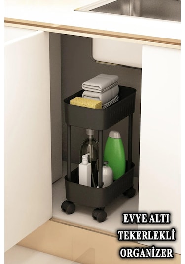 Çok Amaçlı 2 Katlı Banyo Dolabı, Evye Altı Düzenleyici Dolap Içi Tezgah Altı Tekerlekli Organizer - Deterjanlık, Dolap İçi Raf Siyah