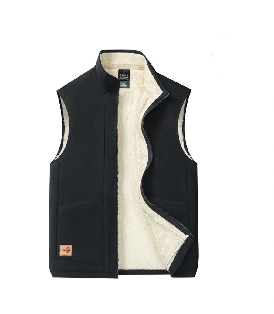 Erkek Sonbahar Ve Kış Kuzu Derisi Yelek Casual Plus Kadife Çift Taraflı Polar Sıcak Yelek Ceket Siyah