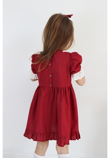 Kız Çocuk Bordo Ruby Fırfırlı Dantel Detaylı Kısa Kollu Elbise Bandana Takım Elb-0070.6 Bordo