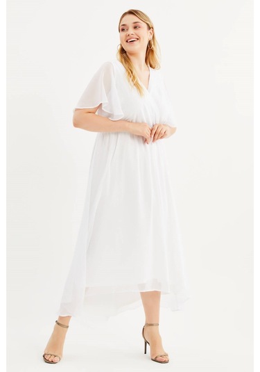 Anvelop Pelerin Kol Şifon Elbise-1512 Beyaz