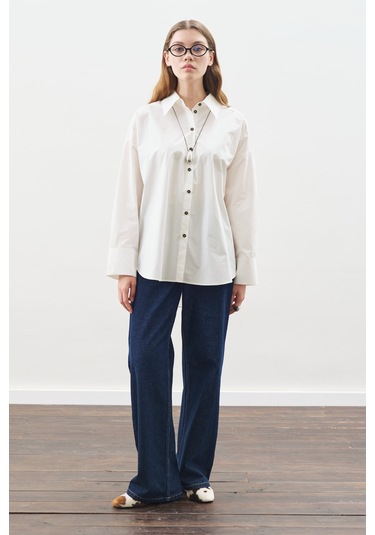 Tasarım Detaylı Oversıze Gömlek Ekru Ekru