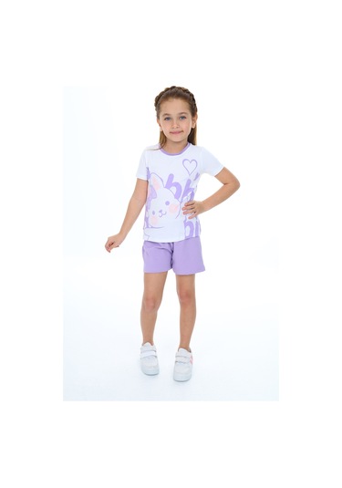 Toontoy Kız Çocuk Garnili Tavşan Baskılı Şortlu Takım Lila