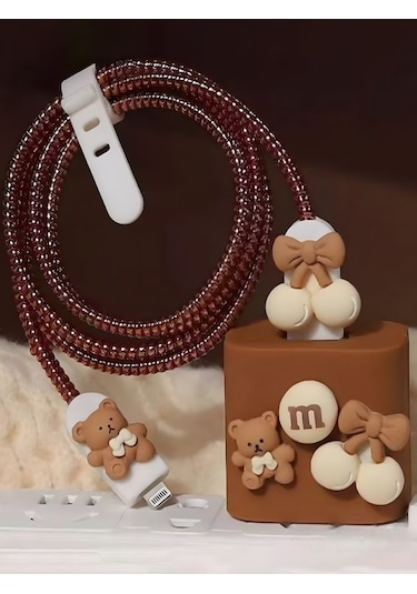 iPhone 18/20 W Şarj Cihazı Uyumlu 5 Parça Şarj Koruma Seti, Kablo Koruyucu - Mm Kahve Ayıcık