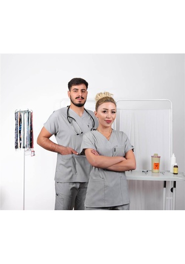 Likralı Cerrahi Forma Unisex Hemşire Doktor Sağlıkçı Forması Scrubs Üniforma Açık Gri