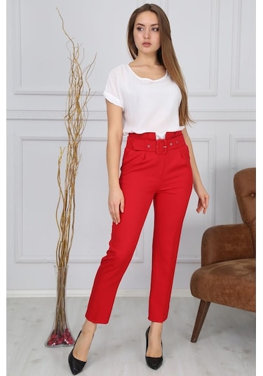 Bluence Beli Kemerli Kırmızı Dar Paça Kumaş Pantolon Kırmızı