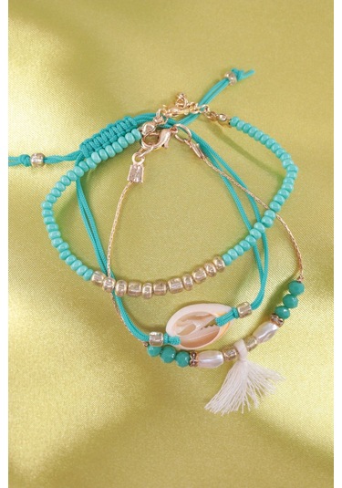 3lü Deniz Kabuklu İncili Püsküllü Asansörlü Lastikli Turkuaz İp Bileklik. Kadın İp Bileklik Halhal Çok Renkli