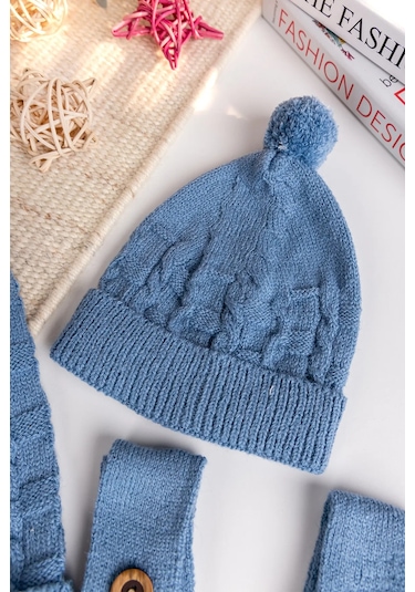 Triko Hırkalı 3'lü Ayarlanabilir Askılı Örgü Erkek Bebek Salopet Tulum Takım Set mavi