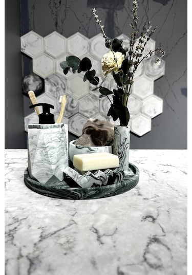 Betonmall 6 Parça Mermer Desenli Beton Banyo Seti Katı Sıvı Sabunluk Diş Fırçalığı Havluluk Tütsülük Tepsi - Yeşil Yeşil