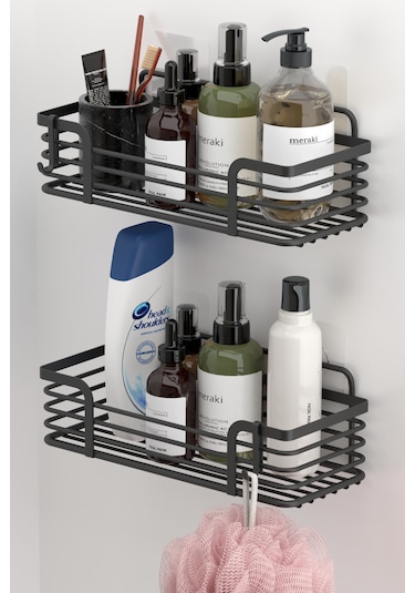 Teknotel ST284H Yapışkanlı Kancalı Banyo Rafı Mat Siyah 2'li Siyah