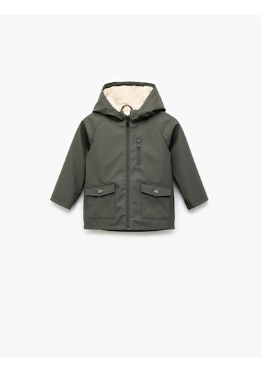 Koton Uzun Kollu Peluş Astarlı Fermuarlı Kapşonlu Yağmurluk Antrasit 6wmb00001tw Antrasit