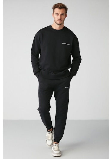 Marshall  Erkek Pamuklu Içi Polarlı Nakışlı Relaxed Siyah Eşofman Takımı