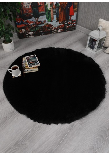 Dekoratif Tavşan Tüyü Ultra Yumuşak Peluş Yuvarlak Halı Siyah
