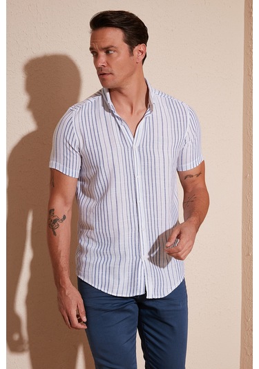 Buratti Çizgili Pamuklu Slim Fit Kısa Kollu Erkek Gömlek Cf23S116097 Beyaz-Saks