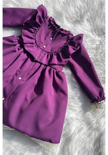 Dantel Ve Fırfır Detaylı Mor Kız Çocuk Bebek Tasarım Elbise 001