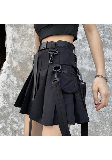Yüksek Bel Kadın Mini Etek Punk Tarzı Cep Kadın Eteği Yaz Streetweed Kadın Pilili Etek Siyah