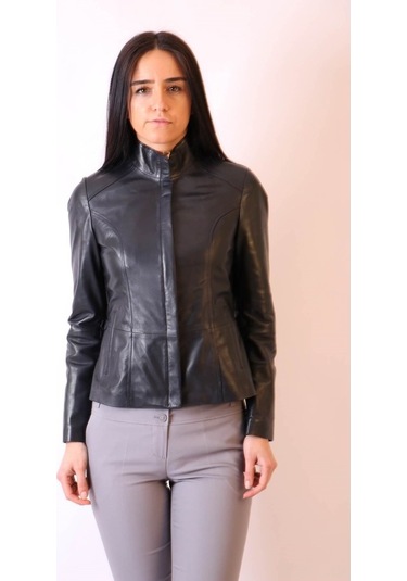 Hakiki Deri Hakim Yaka Slim Lacivert Ceket