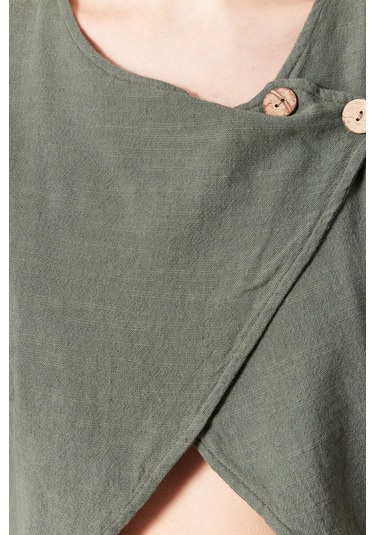 Şık Farklı Tarz Asi Keten Bluz - Modern Ve Cesur Tasarım Haki