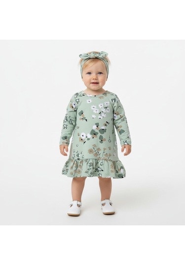Çiçekli Uzun Kol Kız Bebek Elbise St09755 Yeşil