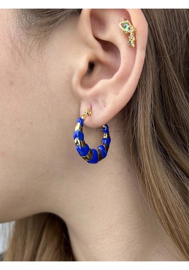 Lacivert Motifli, Halka Model, Paslanmaz Çelik Küpe 539, Kasa Altın Renk Altın