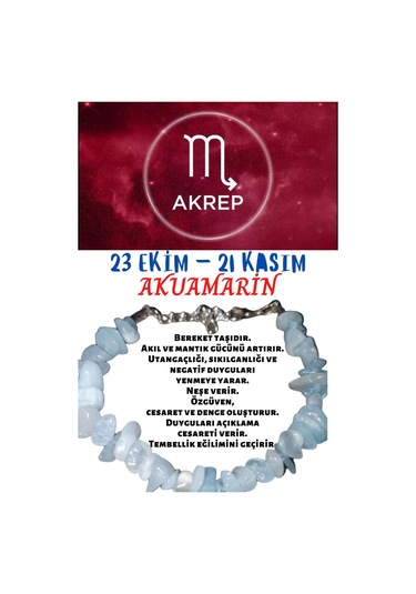 Gümüştel El Sanatları Sertifikalı Burç Taşı Akrep Burcu Akuamarin Taşı Bileklik Çok Renkli