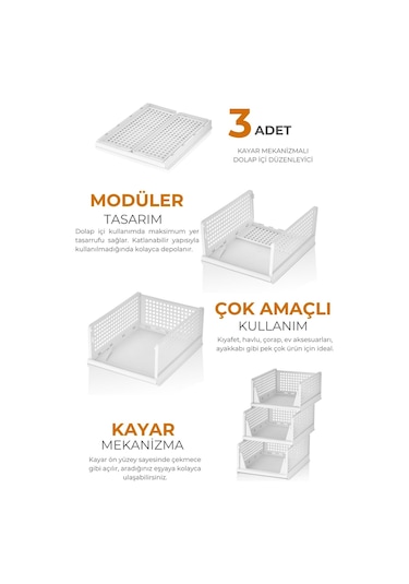 3'lü Modüler Kayar Raflı Dolap İçi Düzenleyici Seti, Antrasit Gri