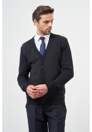 Koyu Lacivert Uzun Kol Kendinden Desenli Örme V Yaka Classic Comfort Fit Triko 1012245161 Koyu Lacivert