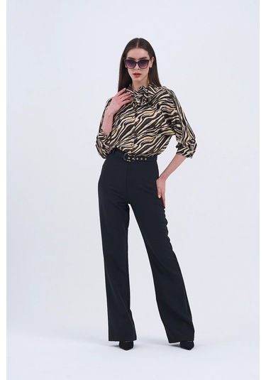 Trend Kadın Yeni İkili Takım Siyah Pantolon Ve Zebra Desenli Bluz Siyah