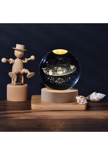 Yunboo 6cm Kristal Top + Ahşap Tabanlı 3d Lazer Gravürlü Ay Galaksi Led Gece Lambası Şeffaf