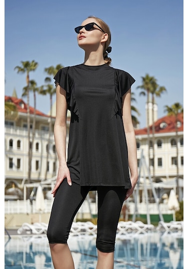 Remsa Fırfır Volan Detaylı Yarı Kapalı Mayo 2150 Hilal Siyah