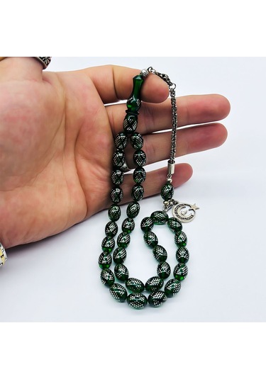 Yeşil Renkte 925 Ayar Gümüş İşlemeli Sıkma Ateş Kehribar Tesbih