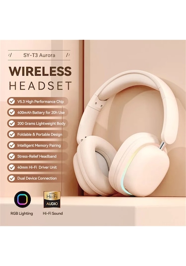 Folinda Sy-t3 Kulaküstü Bluetooth Kulaklık: Rgb Işıklı, Gürültü Engelleme, Kablosuz/kablolu Çift Mod, Uzun Pil Ömrü, Katlanabilir - Siyah