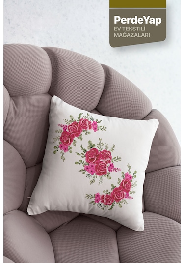 Kanaviçe Pembe Çiçek Desenli 4'lü Dijital Baskılı Kırlent Kılıfı