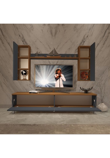 Decoraktiv Eko 7 Mdf Std Krom Ayaklı Tv Ünitesi Tv Sehpası Ceviz - Antrasit