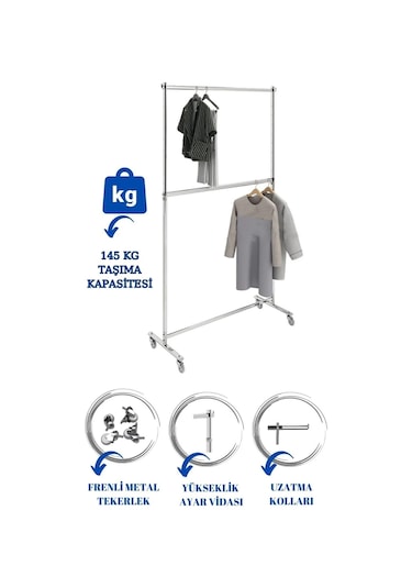 Ev Tipi Çift Katlı Kıyafet Askısı Tekerlekli Askılık Orta Stant Metal