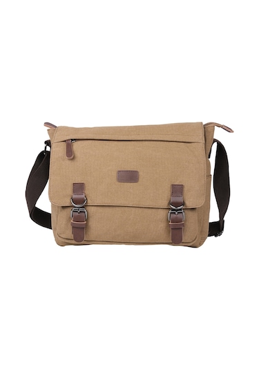 Bagacar Kanvas Kumaş Laptop Bölmeli Unisex Çapraz Çanta Bej