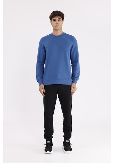 Rowinger Minimal Göğüs İşlemeli Rahat Kalıp Esnek Manşetli Mevsimlik Bisiklet Yaka Sweatshirt İndigo