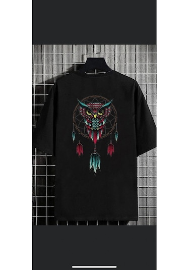 Tarzsokak Erkek Siyah Baykuş Oversize Bisiklet Yaka Tshirt Siyah