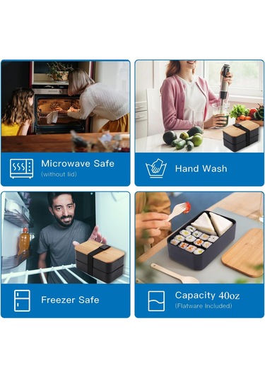 Dofolink Doğal Bambu Kapağı Çift Katlı Bento Kutusu, Mikrodalga Uyumlu, Yemekleri Ayırır, Isı Saklama Çantasıyla, Öğrencilere Ve Çalışanlara Uygun, Sağlıklı Pp Malzeme Siyah