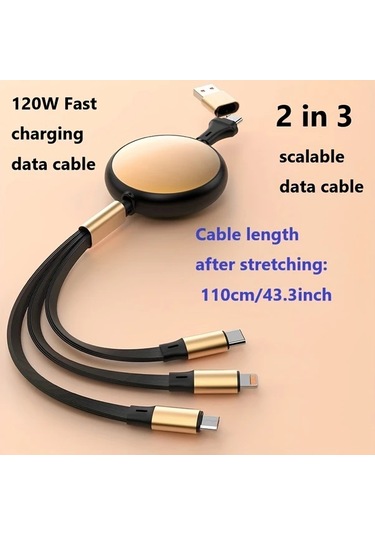 Honeybeeshop Beyaz Altın 120w 2de 3 Teleskopik Hizli Sarj Kablosu Usb Type C Micro Lightning Coklu Baslik İpdone Uyumlu Galaxy Uyumlu Xiaomi Huawei Icin