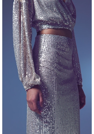 Sateen Payet Detaylı Kalem Etek - Bej-135400 Bej