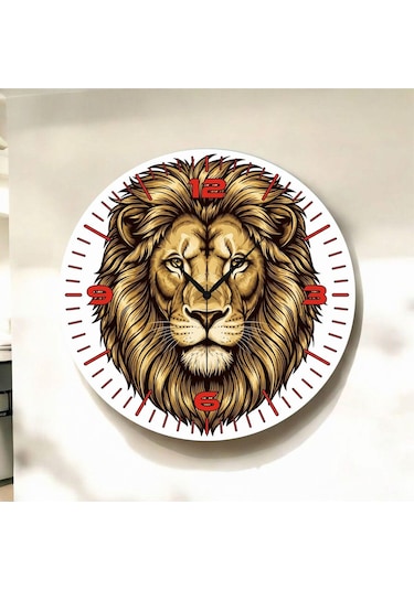 Renkli Baskı Aslan Desenli Sayılı Hediyelik Ahşap Sessiz Duvar Saati 50cm ÇOk Renkli